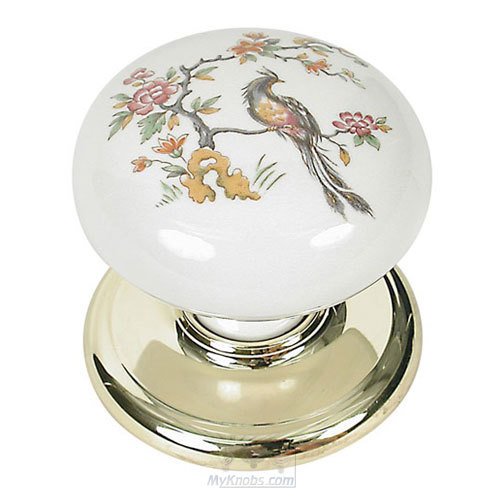 1 3/4" Diameter Porcelain Wardrobe Knob in Brass And White with Bird Design