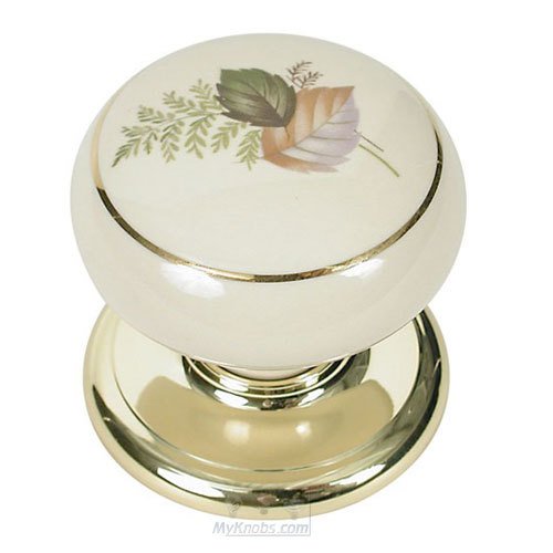 1 3/4" Diameter Porcelain Wardrobe Knob in Brass And Almond with Gold Line and Leaf Design