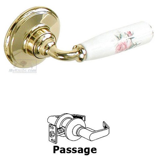 Porcelain Passage Door Lever in Brass and White with Rose Design