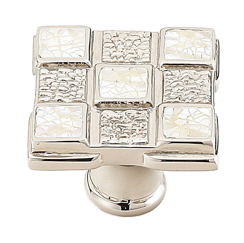 Solid Brass Square Knob in Polished Nickel with Mother of Pearl