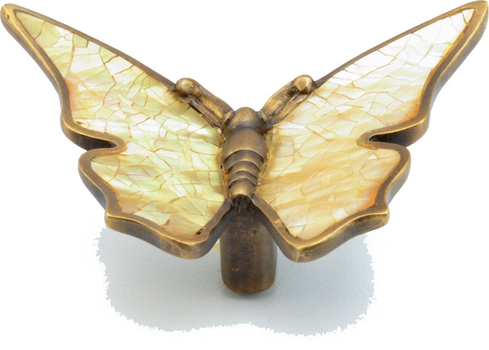 Solid Brass Butterfly Knob with Cracked Penshell Inlay in Estate Dover with Tiger Penshell