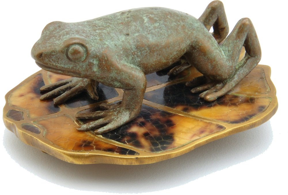 Solid Brass Frog on Lily Pad Pull in Pompeian Bronze with Tiger Penshell