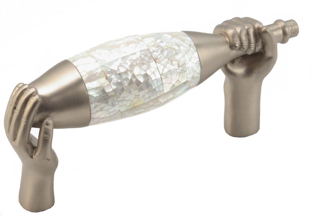 Wine Bottle Pull with Hands, 6" CC in Satin Nickel with Mother of Pearl