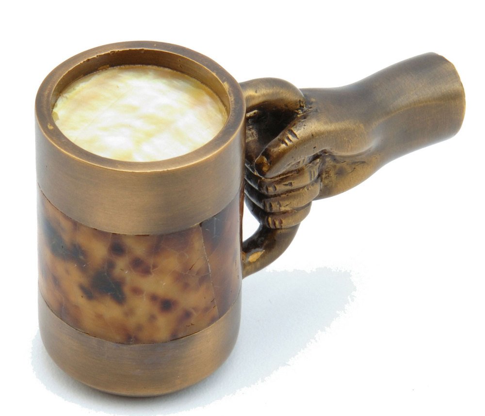 Hand with Mug Knob, 2 1/2" x 1 3/16" with Yellow Mother of Pearl and Tiger Penshell Inlays in Estate Dover