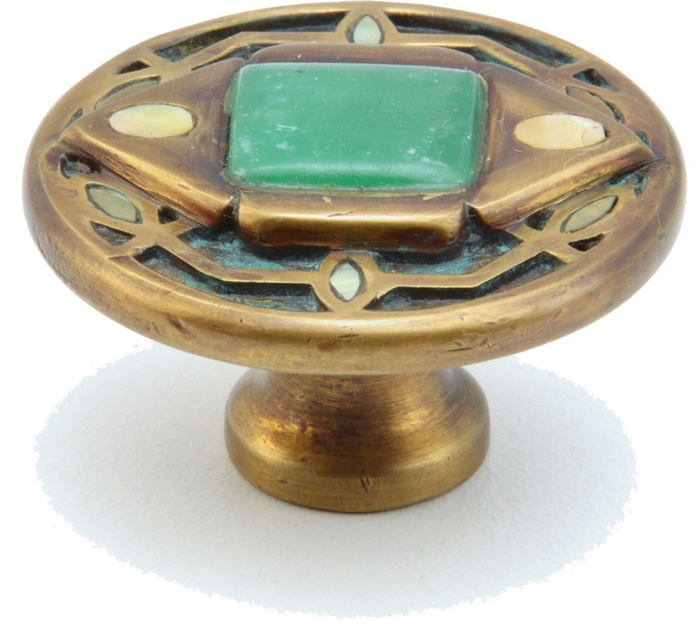 Solid Brass Jade Stone Knob 1 1/2" with Yellow Mother of Pearl inlays on Dark Green Wash Finish