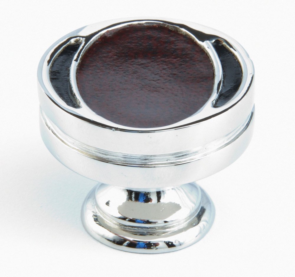 Solid Brass 1 3/8" Diameter Knob in Polished Nickel with Antique Red Leather and Flat Black Leather Insert