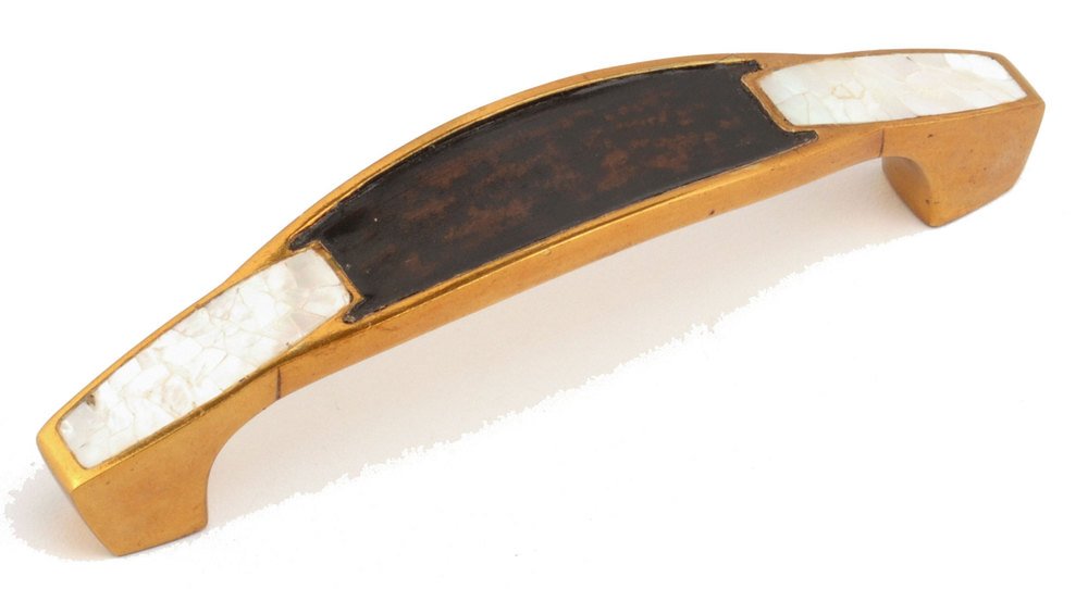 Solid Brass 4" Centers Handle in Paris Brass with Ambassador Leather Insert and White Mother of Pearl Inlay