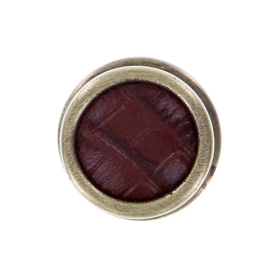 1" Knob with Insert in Antique Brass with Brown Leather Insert
