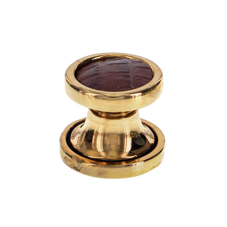1" Knob with Insert in Antique Gold with Brown Leather Insert