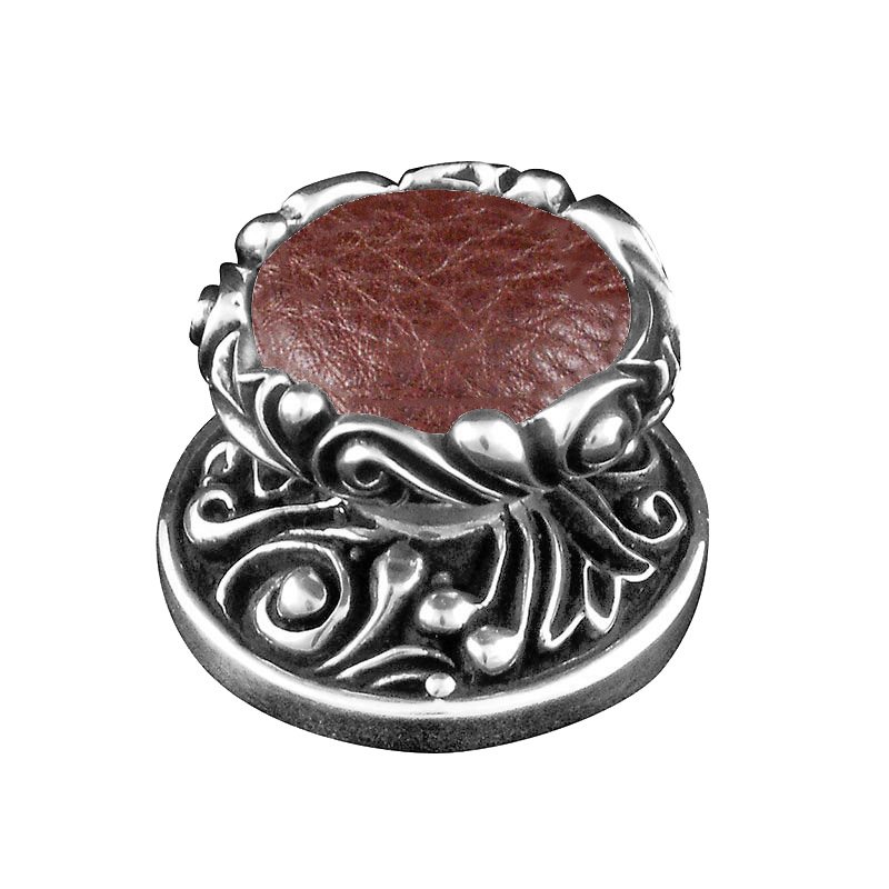 1 1/4" Knob with Insert in Antique Silver with Brown Leather Insert