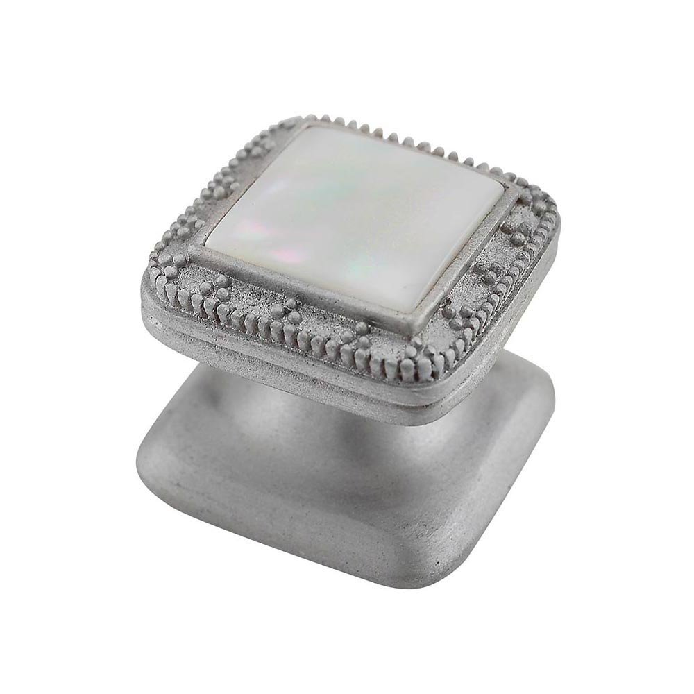 Square Gem Stone Knob Design 4 in Satin Nickel with White Mother Of Pearl Insert