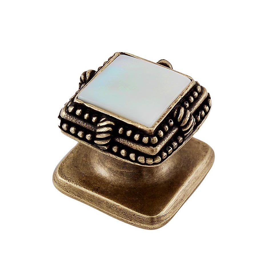 Square Gem Stone Knob Design 1 in Antique Brass with White Mother Of Pearl Insert
