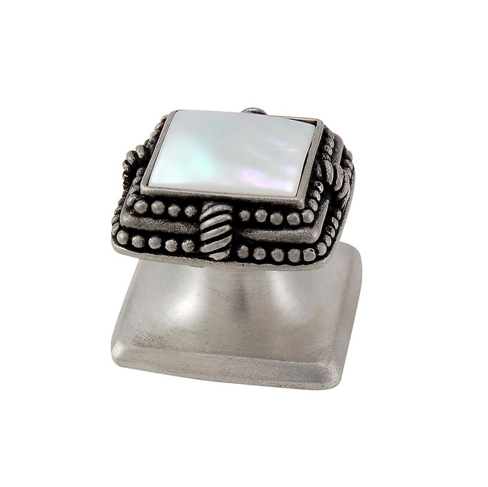 Square Gem Stone Knob Design 1 in Antique Nickel with White Mother Of Pearl Insert
