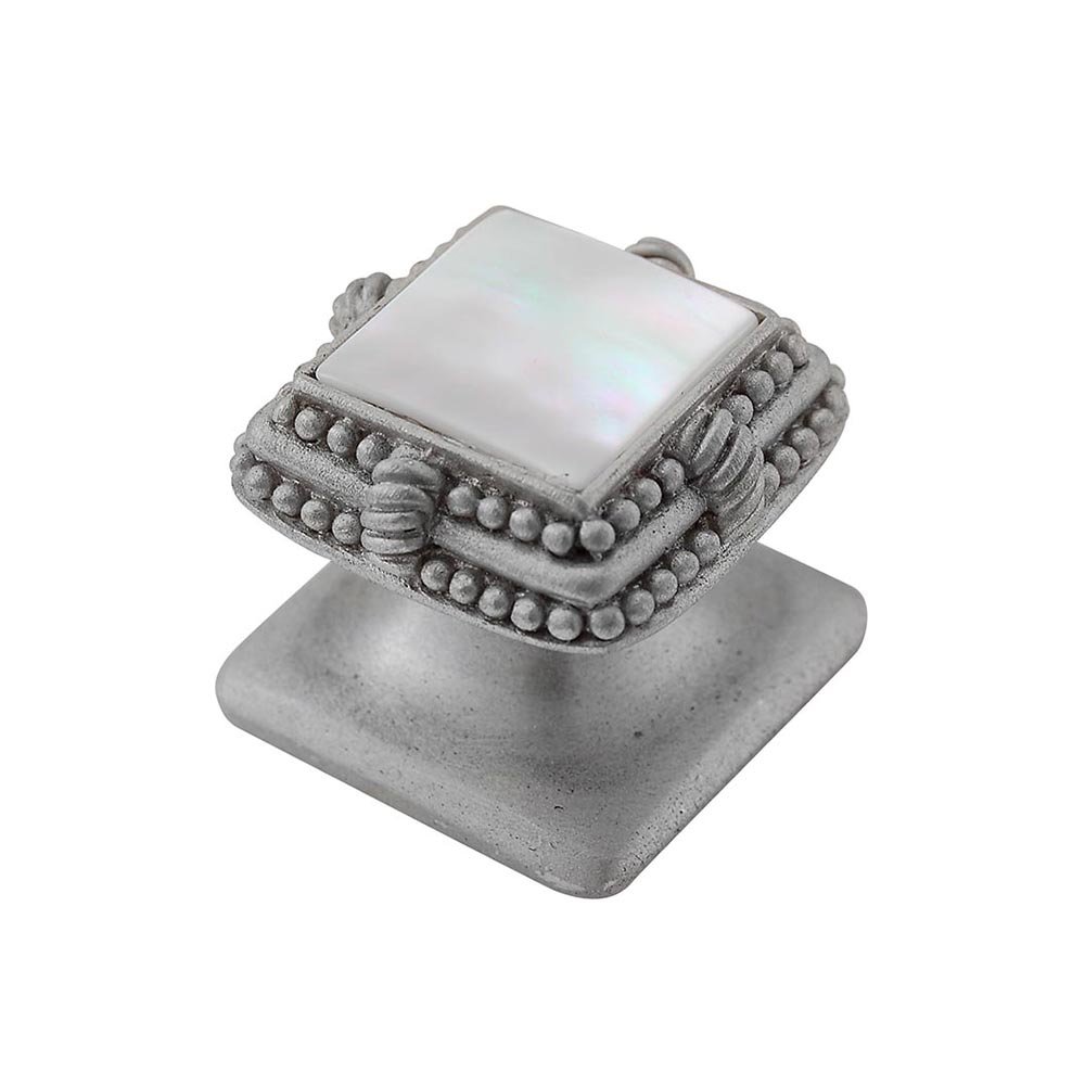 Square Gem Stone Knob Design 1 in Satin Nickel with White Mother Of Pearl Insert