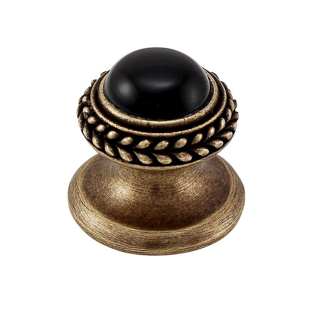 Round Gem Stone Knob Design 2 in Antique Brass with Black Onyx Insert