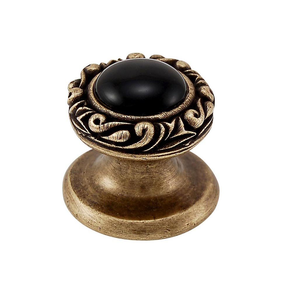 Round Gem Stone Knob Design 3 in Antique Brass with Black Onyx Insert