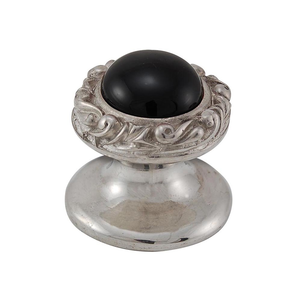 Round Gem Stone Knob Design 3 in Polished Silver with Black Onyx Insert