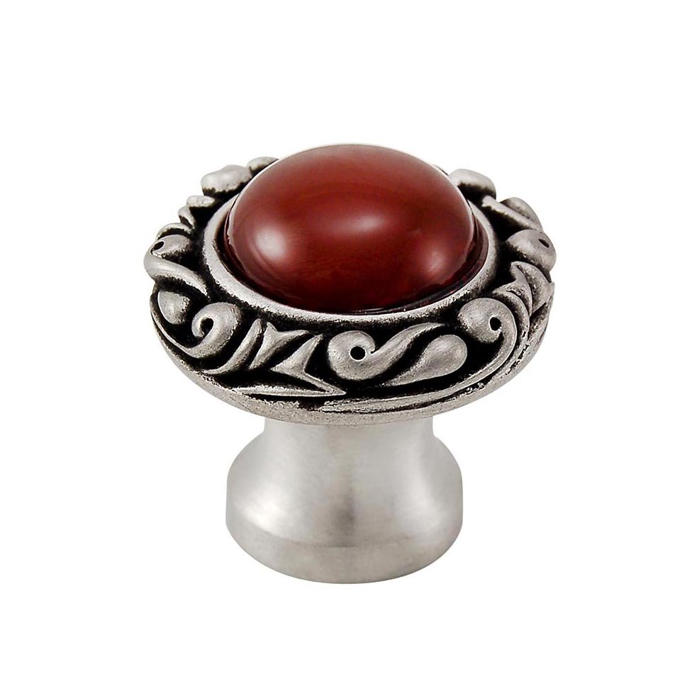 1" Round Knob with Small Base with Stone Insert in Antique Nickel with Carnelian Insert