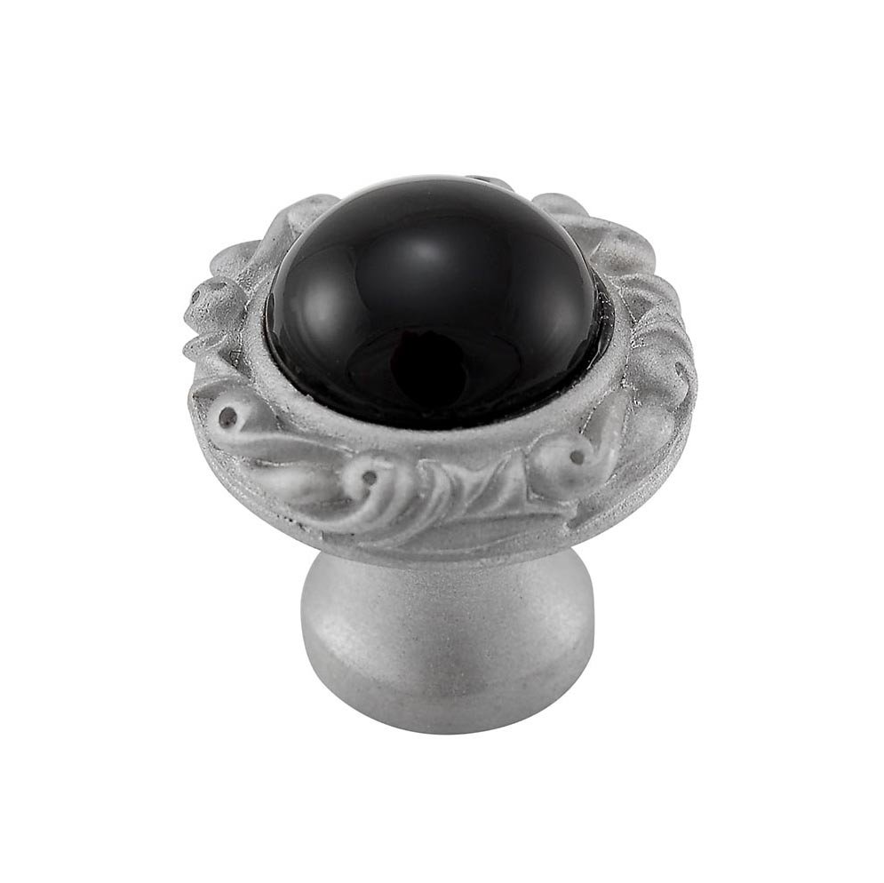 1" Round Knob with Small Base with Stone Insert in Satin Nickel with Black Onyx Insert