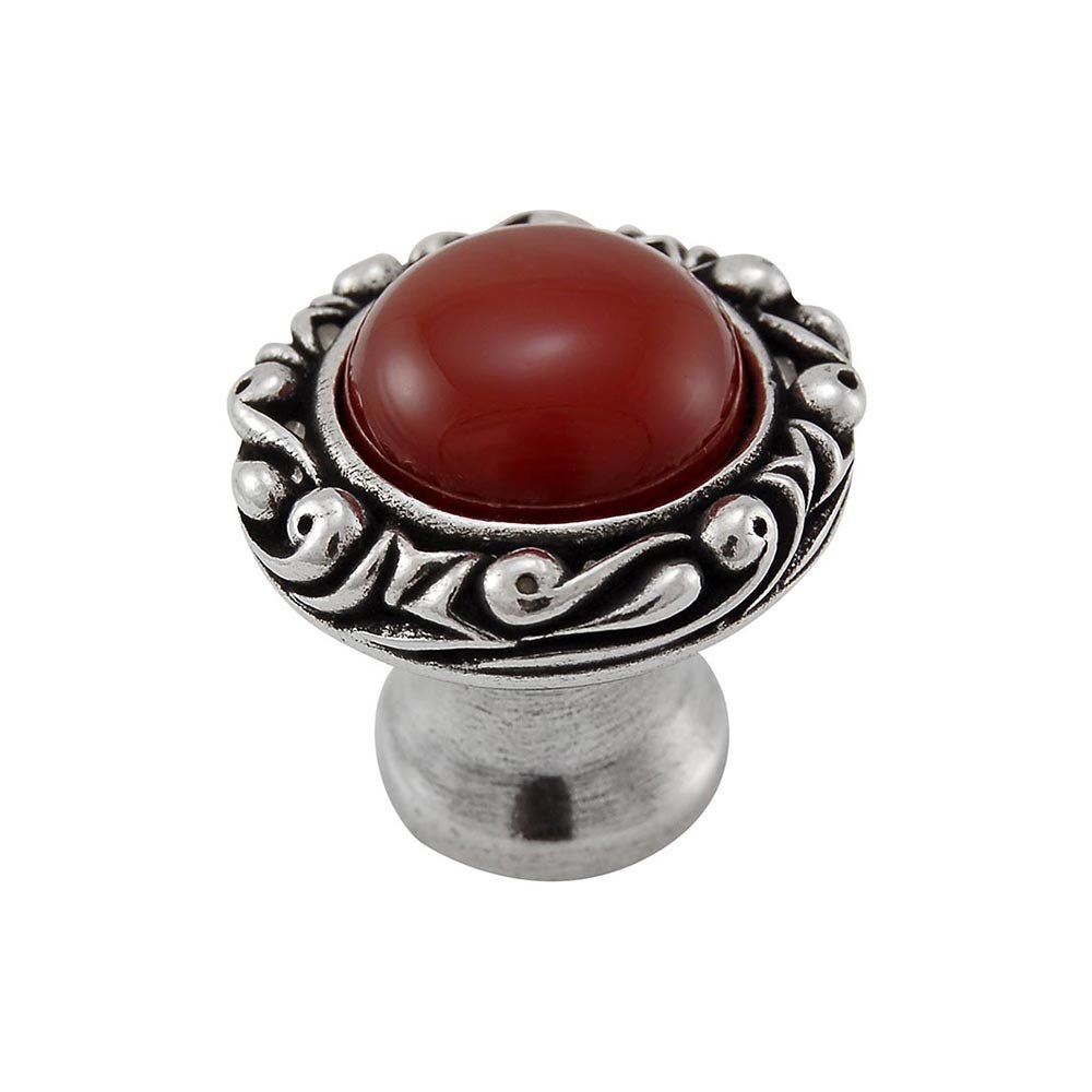 1" Round Knob with Small Base with Stone Insert in Vintage Pewter with Carnelian Insert
