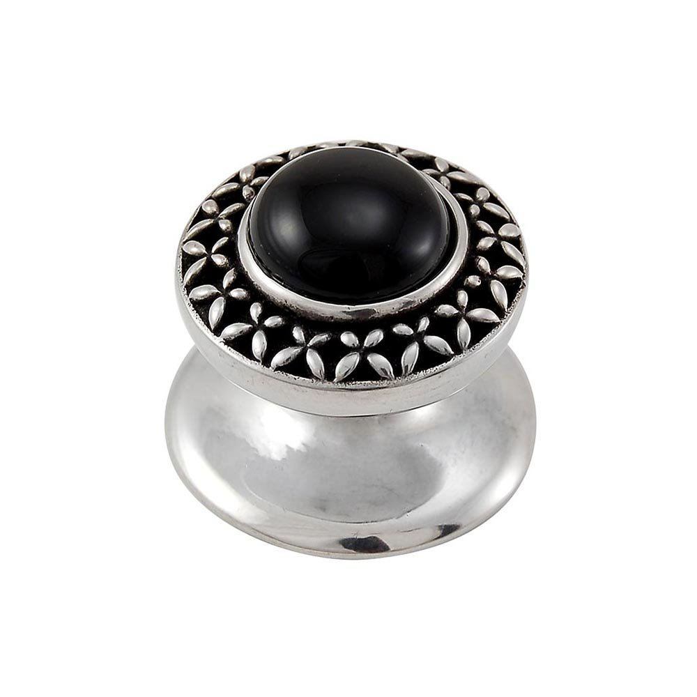 Round Gem Stone Knob Design 4 in Antique Silver with Black Onyx Insert