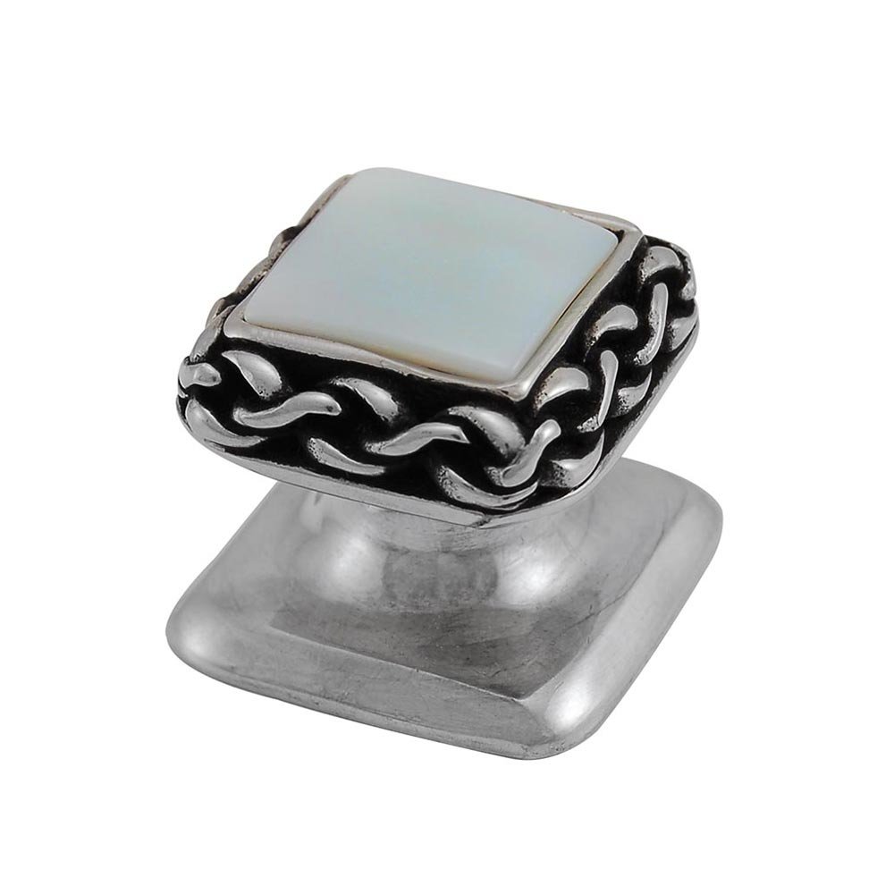 Square Gem Stone Knob Design 2 in Antique Silver with White Mother Of Pearl Insert