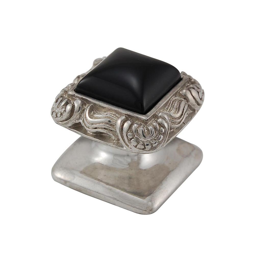 Square Gem Stone Knob Design 3 in Polished Silver with Black Onyx Insert