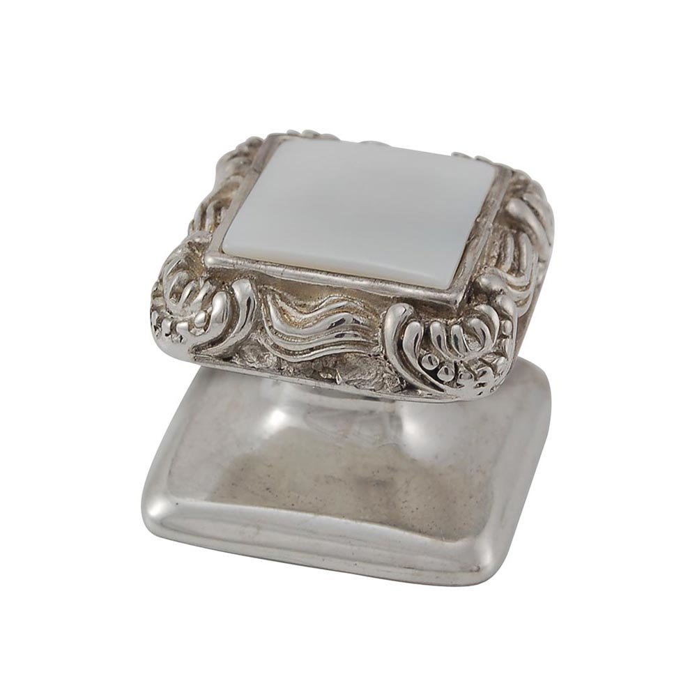 Square Gem Stone Knob Design 3 in Polished Silver with White Mother Of Pearl Insert