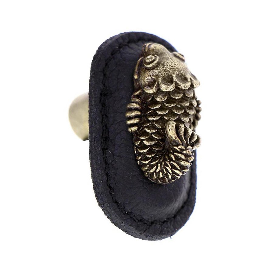 Leather Collection Pesci Knob in Black Leather in Antique Brass