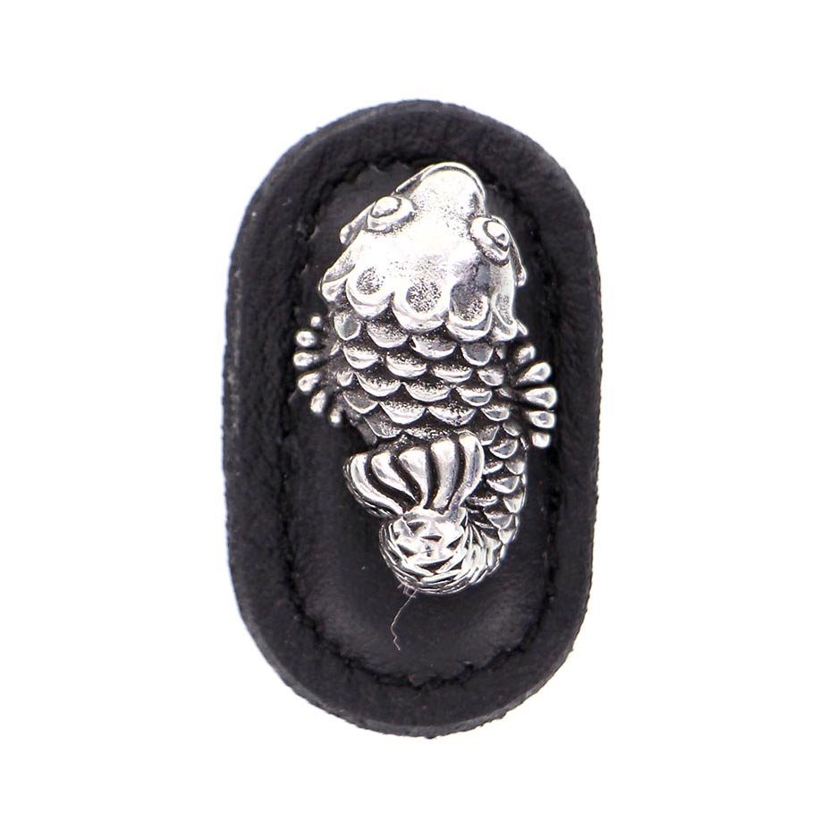 Leather Collection Pesci Knob in Black Leather in Vintage Pewter