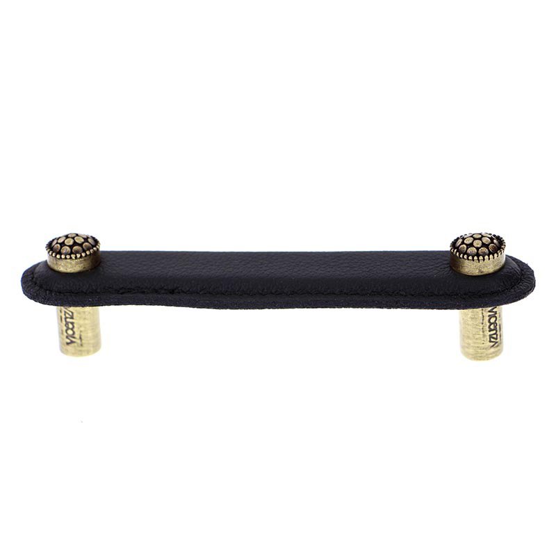 Leather Collection 4" (102mm) Puccini Pull in Black Leather in Antique Brass
