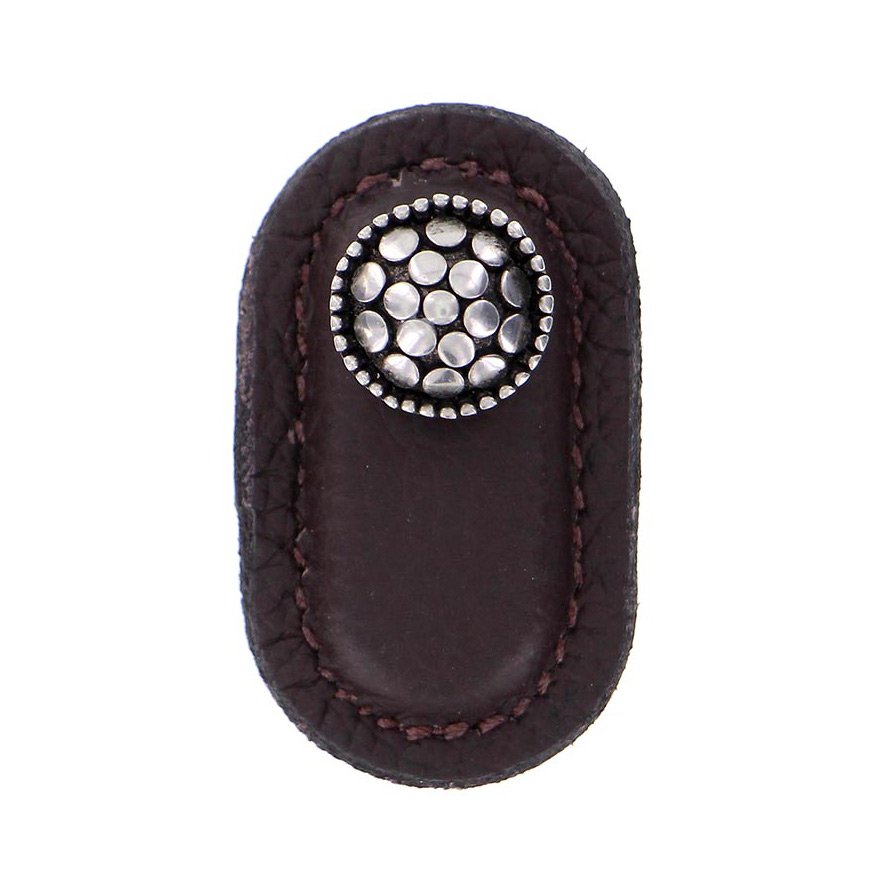 Leather Collection Puccini Knob in Brown Leather in Antique Silver