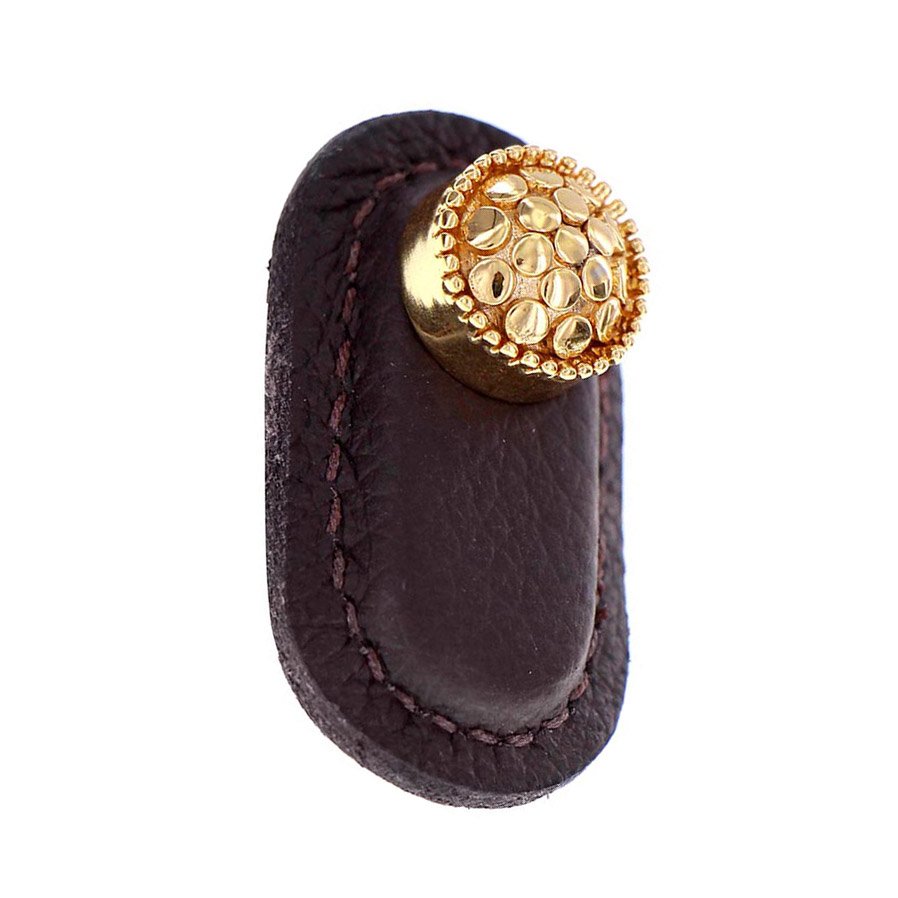 Leather Collection Puccini Knob in Brown Leather in Polished Gold