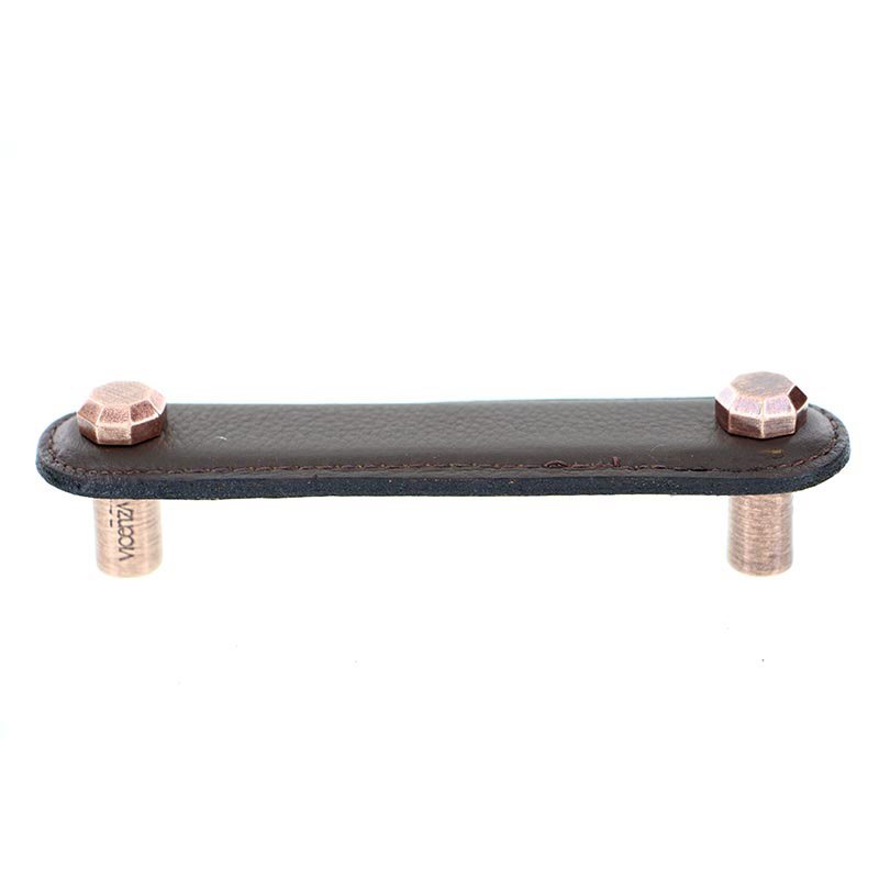 Leather Collection 4" (102mm) Carducci Pull in Brown Leather in Antique Copper