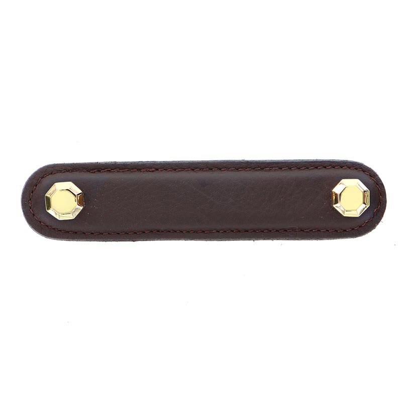 Leather Collection 4" (102mm) Carducci Pull in Brown Leather in Polished Gold