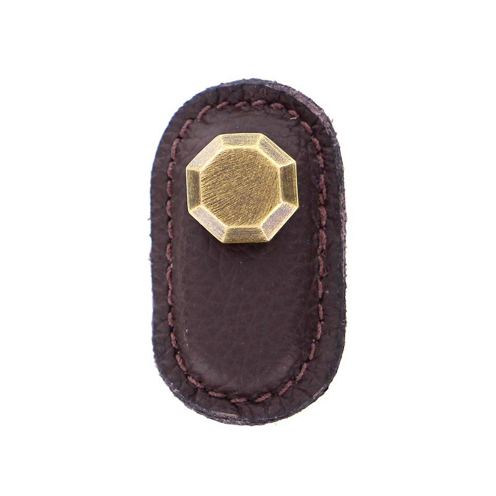 Leather Collection Carducci Knob in Brown Leather in Antique Brass