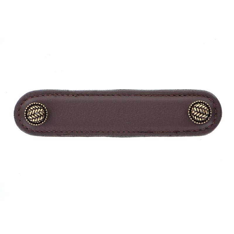 Leather Collection 4" (102mm) Cestino Pull in Brown Leather in Antique Brass