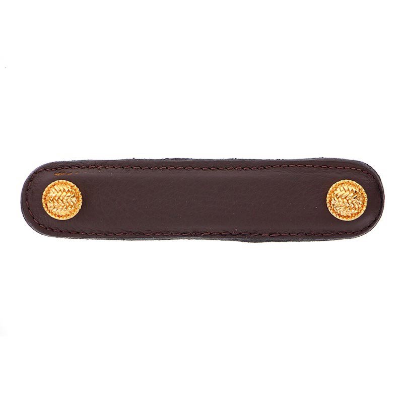 Leather Collection 4" (102mm) Cestino Pull in Brown Leather in Polished Gold