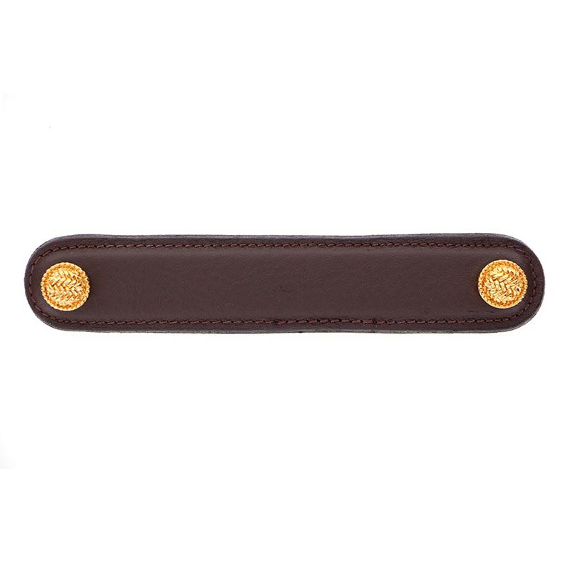 Leather Collection 5" (128mm) Cestino Pull in Brown Leather in Polished Gold