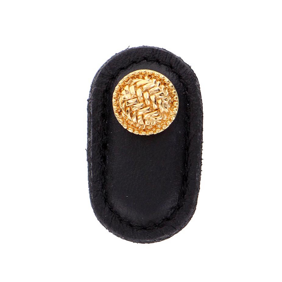 Leather Collection Cestino Knob in Black Leather in Polished Gold