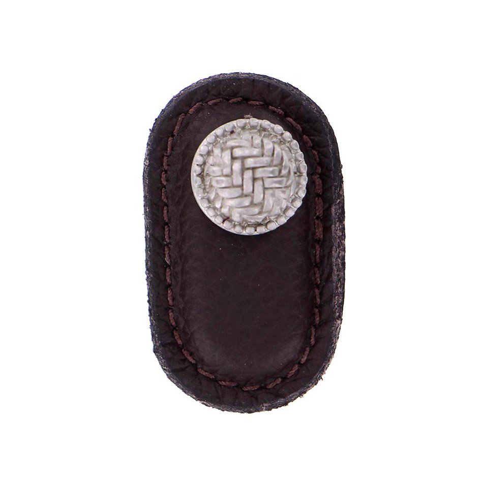 Leather Collection Cestino Knob in Brown Leather in Satin Nickel