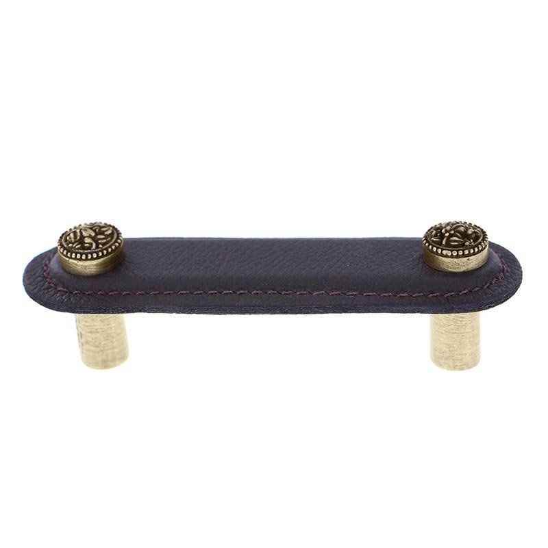 3" (76mm) Pull in Brown Leather in Antique Brass
