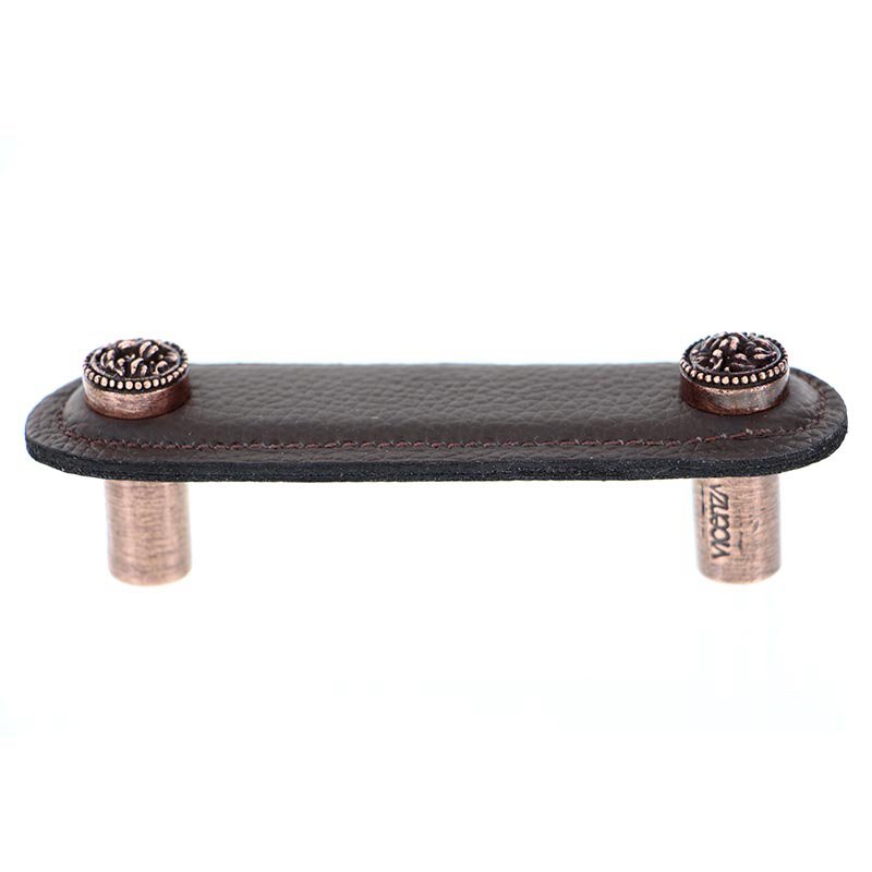 3" (76mm) Pull in Brown Leather in Antique Copper