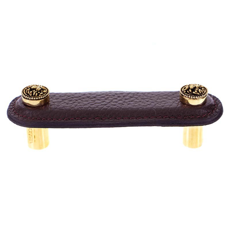 3" (76mm) Pull in Brown Leather in Antique Gold
