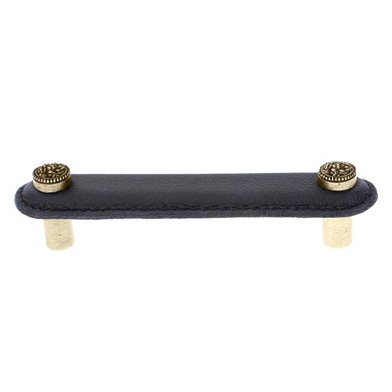 4" (102mm) Pull in Brown Leather in Antique Brass