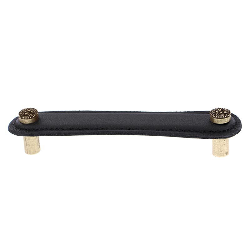 5" (128mm) Pull in Black Leather in Antique Brass