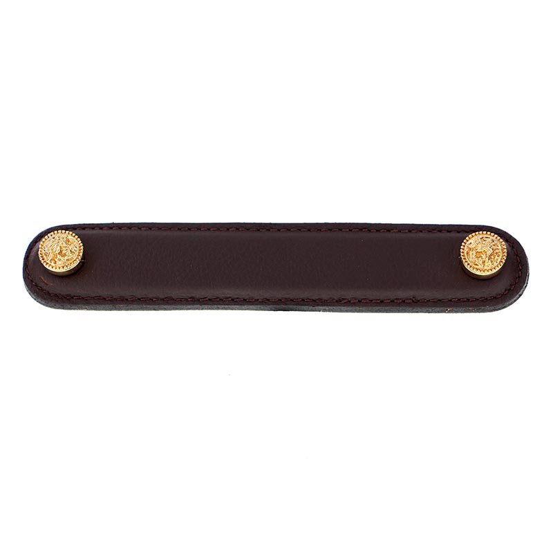 5" (128mm) Pull in Brown Leather in Polished Gold