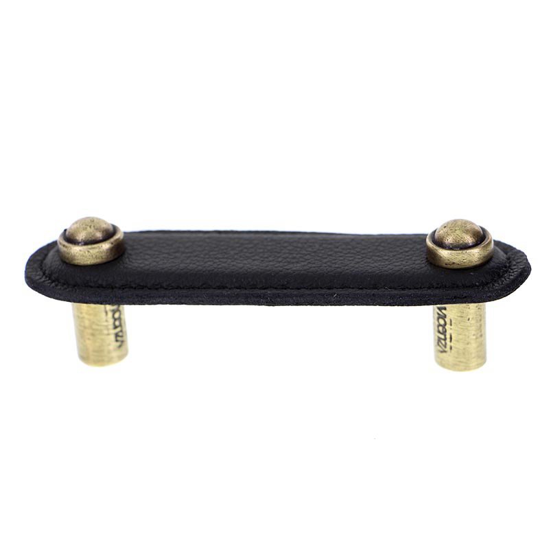 Leather Collection 3" (76mm) Magrini Pull in Black Leather in Antique Brass