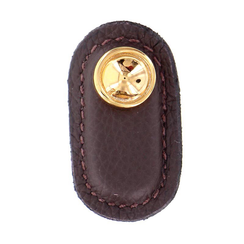 Leather Collection Magrini Knob in Brown Leather in Polished Gold