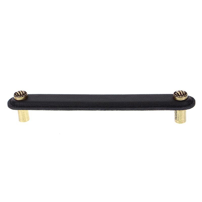 Leather Collection 6" (152mm) Sanzio Pull in Black Leather in Antique Brass